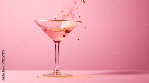 Composition with pink mocktail spalshing decorated with gold sprinkles on pink bright surface with copy space, Pink mocktail background, AI generated