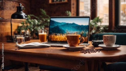 Wooden table with laptop and cup of coffee, plant blurred background. Generative ai.