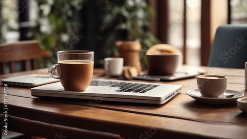 Wooden table with laptop and cup of coffee, plant blurred background 9. Generative ai.
