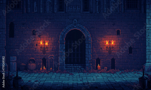 pixel art of old castle dungeon background battle scene in RPG old school retro 16 bits, 32 bits game style photo