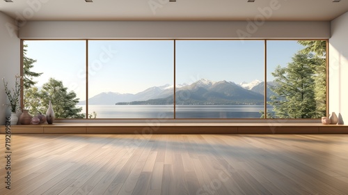 Light living room with hardwood floor, front view, empty open space room in hotel, panoramic window on countryside. photo