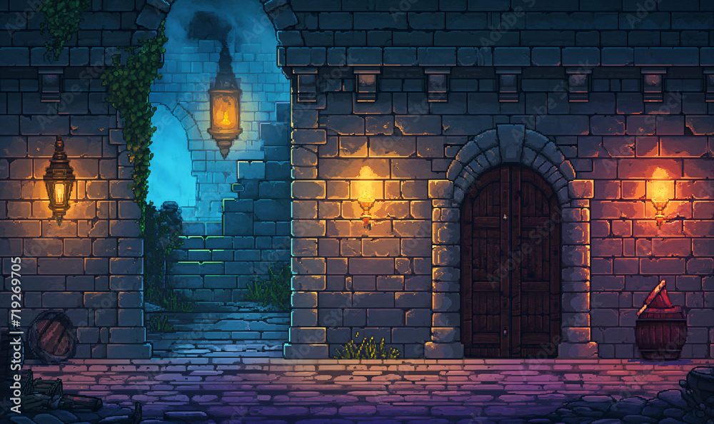 pixel art of old castle dungeon background battle scene in RPG old school retro 16 bits, 32 bits game style - obrazy, fototapety, plakaty 