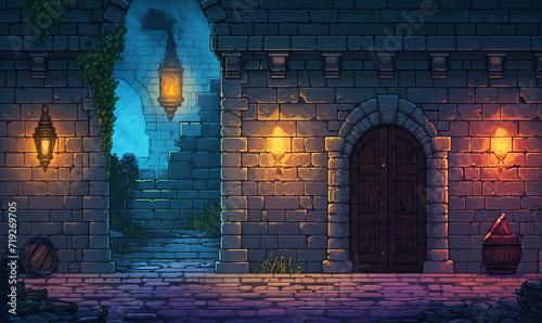 pixel art of old castle dungeon background battle scene in RPG old school retro 16 bits, 32 bits game style