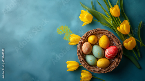 Easter, Christian, Multicolored, Easter Egg, Empty wooden table background - easter spring theme, celebration of religious holidays, made with Generative AI