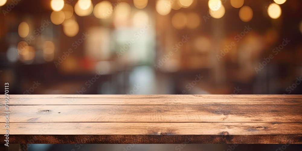 Blurred coffee shop backdrop with an empty wooden table. Blurred coffee shop backdrop with an empty wooden table.