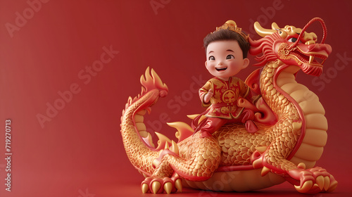 Chinese New Year seasonal social media background design with blank space for text. A cute happy Chinese boy in traditional outfit is sitting on a dragon on red background. Red and gold color scheme.