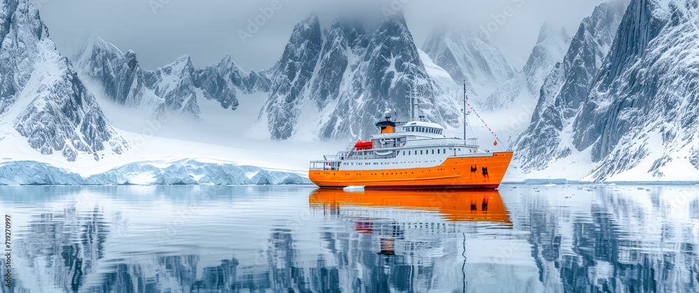 Cruise Ship in the Arctic Ocean with Icebergs and Mountains Seascape with Ice Glaciers Wallpaper Background Poster Illustration Digital Art Cover Card Cruise Ship in the Arctic Ocean with Icebergs and Mountains Seascape with Ice Glaciers Wallpaper Background Poster Illustration Digital Art Cover Card