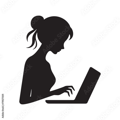 Technological Efficiency Unveiled: Person Using Laptop Silhouette in a Symphonic Array of Work Activities - Person Using Laptop Illustration - Person Using Laptop Vector - Person Silhouette
