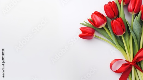 A bouquet of fresh red tulips tied with a ribbon on a white background with copy space.