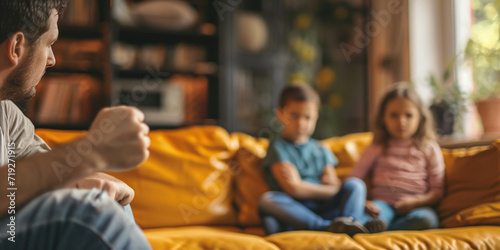 Man threatening kid daughter with his fist. Scared child sitting together on sofa couch in scare. Selective Focus on male hand. Child abuse anger and domestic violence concept.