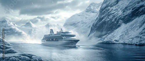 Cruise Ship in the Arctic Ocean with Icebergs and Mountains Seascape with Ice Glaciers Wallpaper Background Poster Illustration Digital Art Cover Card © Korea Saii