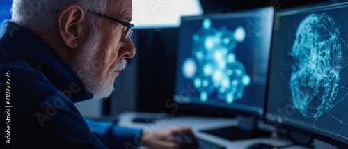 An elder scientist in deep analysis, with molecules and data visualizations casting a glow over his contemplative gaze photo