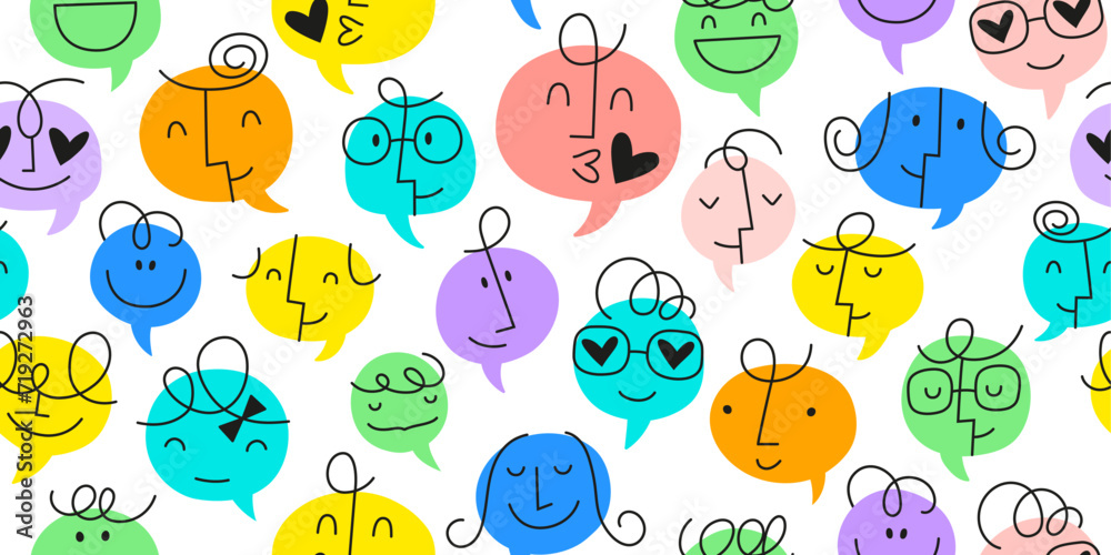 Obraz premium colorful chat bubble seamless pattern Vector illustration. Multi color rainbow cartoon text balloon in groovy children doodle style. Friendly team work or group conversation background concept.