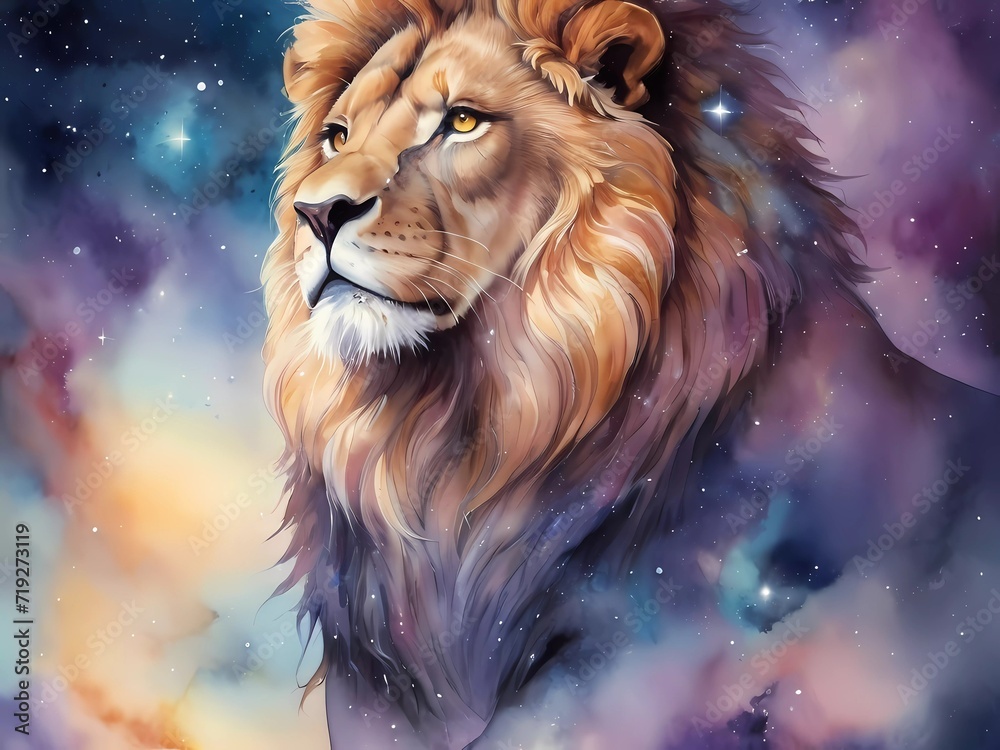 Naklejka premium Fantasy illustration, very detailed watercolor, lion, highly detailed, high quality cosmic colors with surreal precision, zoom, full body, echoing the atmospheric atmosphere 