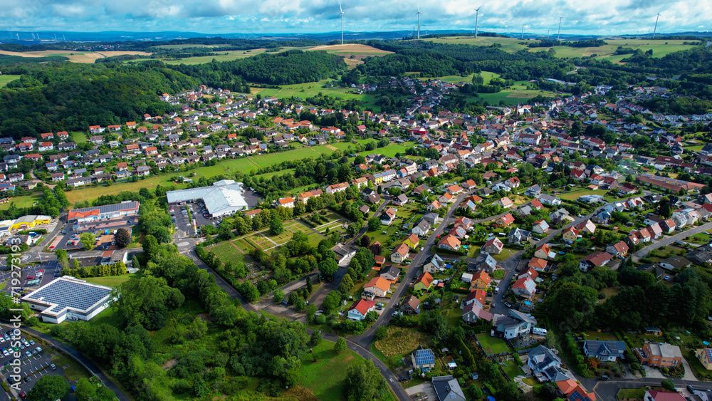 Aerial view around the city Freisen in Germany on an morning in spring