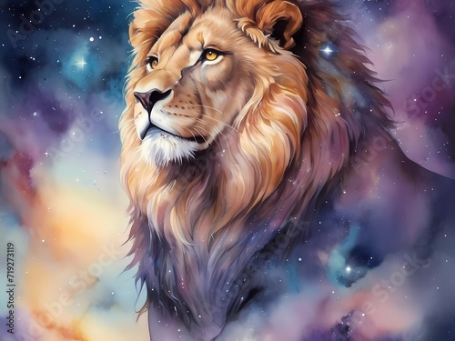 Fantasy illustration  very detailed watercolor  lion  highly detailed  high quality cosmic colors with surreal precision  zoom  full body  echoing the atmospheric atmosphere 