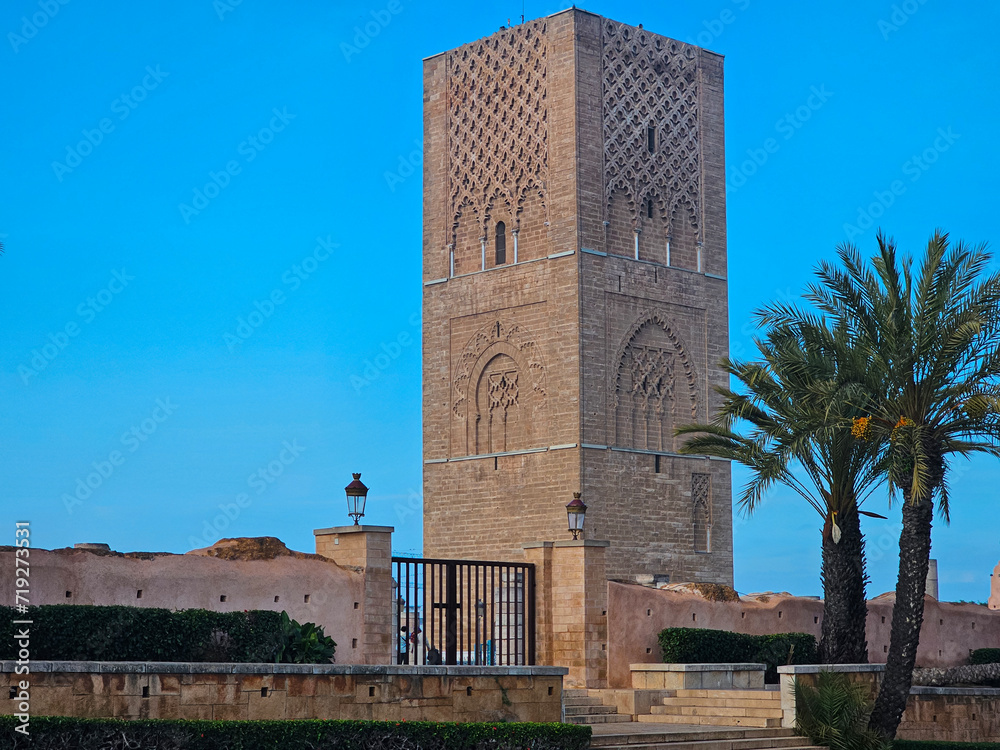view of Hassan tower from the street , important historical and tourist complex in Rabat, Morocco.
