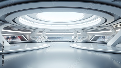 Fototapeta Naklejka Na Ścianę i Meble -  Empty light white studio room futuristic sci fi big hall room with lights white.