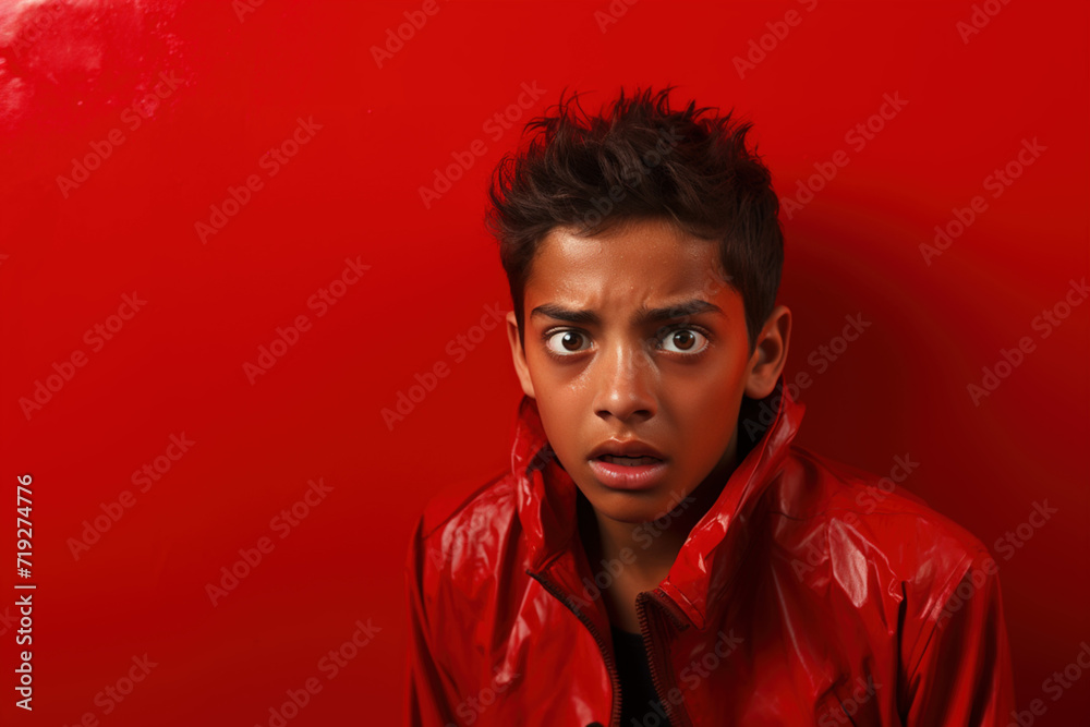 Indian teenager looking at camera in fear on red background