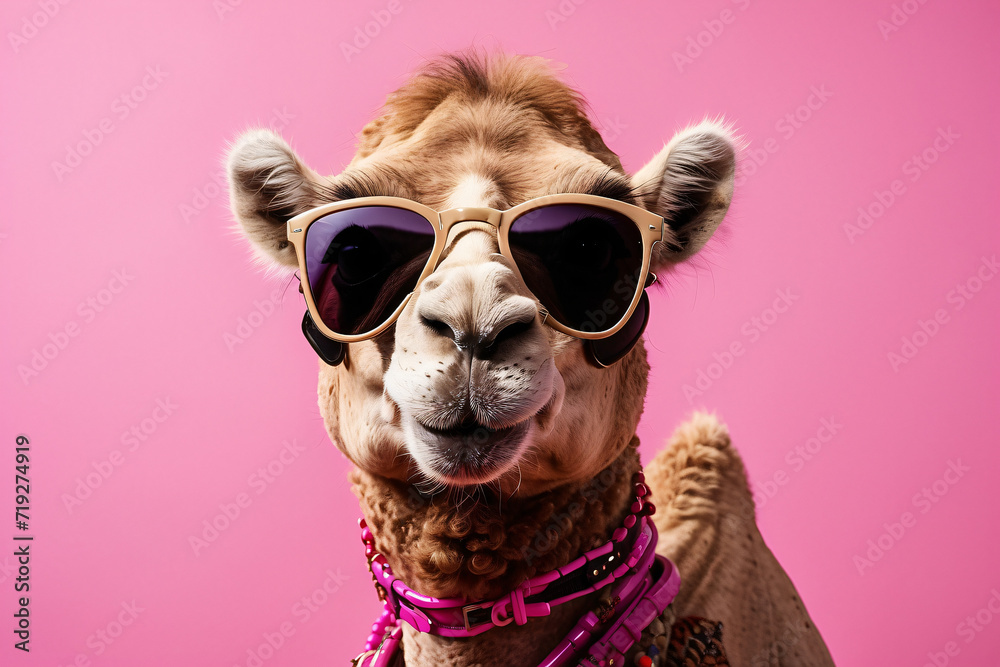 The camel wears sunglasses on a white background