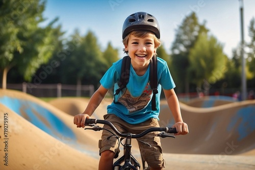 happy little boy skater style training with his bike on pump track circuit photo