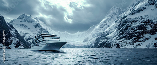 Cruise Ship in the Arctic Ocean with Icebergs and Mountains Seascape with Ice Glaciers Wallpaper Background Poster Illustration Digital Art Cover Card