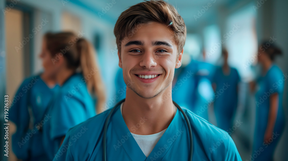 Fototapeta premium Jóvenes enfermeras o médicos sonriendo en el pasillo del hospital