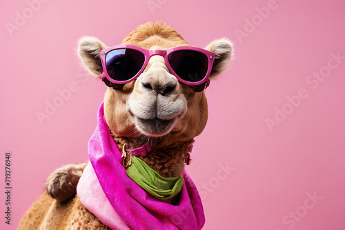 The camel wears sunglasses on a white background © HMMR