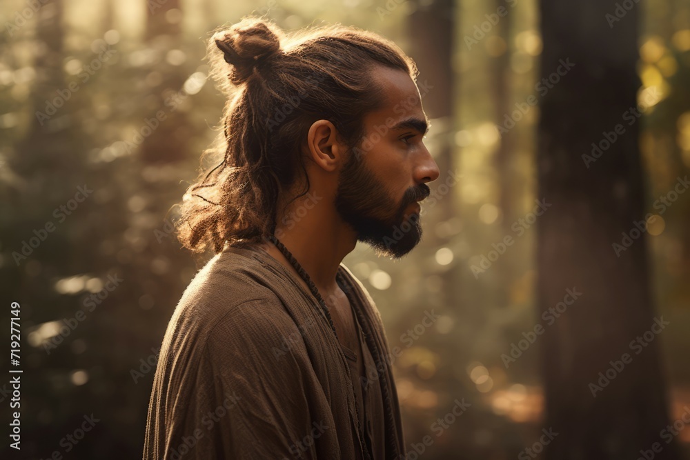 Epic charismatic young European guy in forest. Trendy bearded man with long hair in woodland. Generate ai
