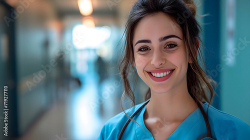 Jóvenes enfermeras o médicos sonriendo en el pasillo del hospital 