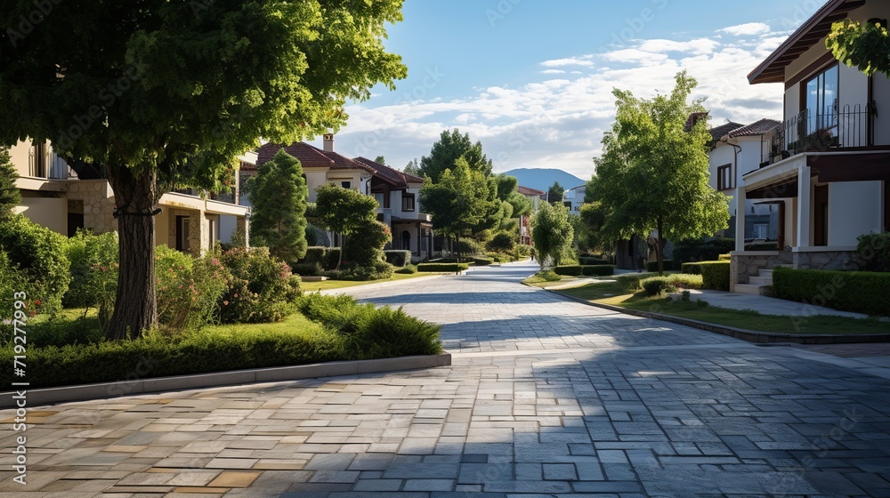 Empty street at the nice and comfortable garden background under the sunset / sunrise Empty street at the nice and comfortable garden background under the sunset / sunrise