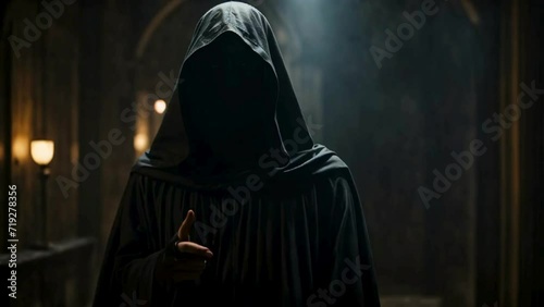 mysterious figure in a dark hood pointing towards the viewer photo
