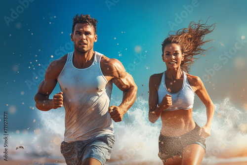 Sport, lifestyle and leisure concept. Happy young couple jogging in beach during sunny summer day photo