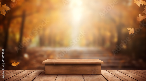 wood podium with blur fall background