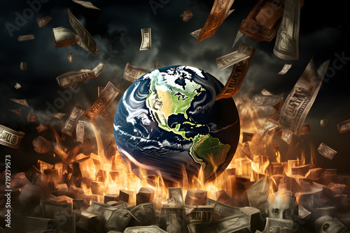 Burning Earth Engulfed in Flames with flowing money. Global economy collapsed 