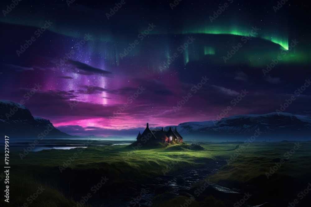 Cosmic Symphony, Northern Lights Above Icelandic Abode