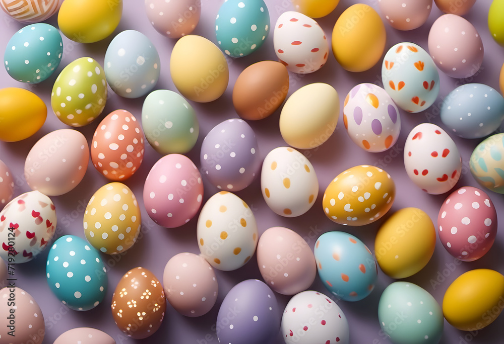 Colorful patterned Easter eggs on a pastel background.