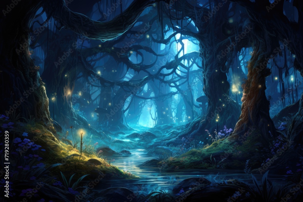 Fantasy dark forest with a river flowing in it, fantasy design illustration - obrazy, fototapety, plakaty 