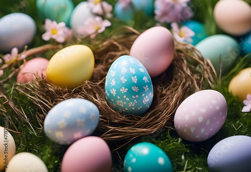 Colorful Easter eggs in a nest with floral patterns on a bed of grass, symbolizing spring and Easter celebrations.