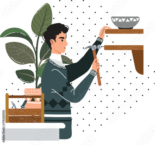 Man hammering nail into wall shelf, focused expression. Home improvement scene with handyman installing shelves.