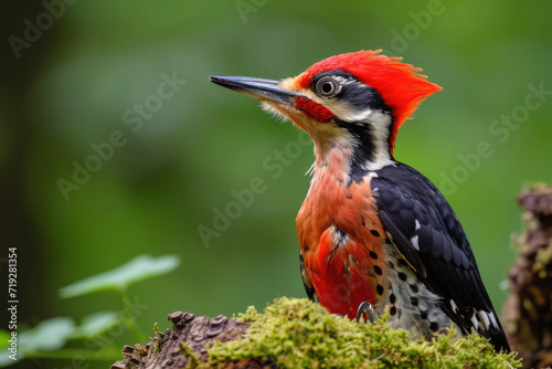 The majestic red plumage of a woodland drummer