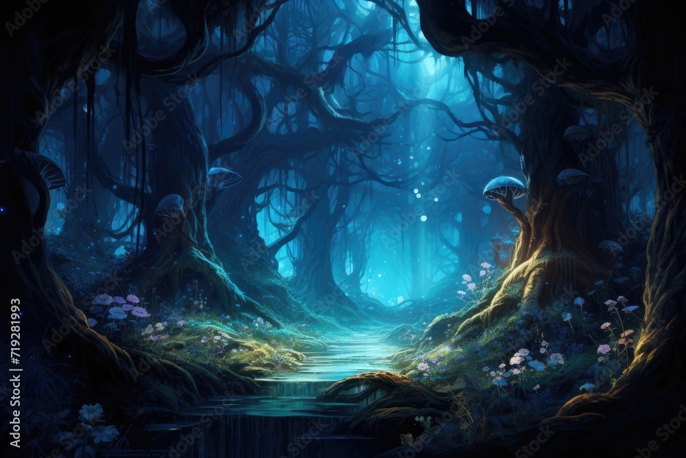 Mysteries of the Moonlit Grove with a river flowing in it, fantasy design illustration
