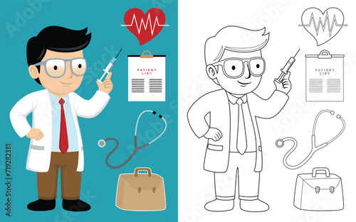 Doctor cartoon holding syringe with medical elements, vector illustration, coloring book or page © Bhonard21
