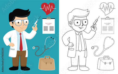 Doctor cartoon holding syringe with medical elements, vector illustration, coloring book or page