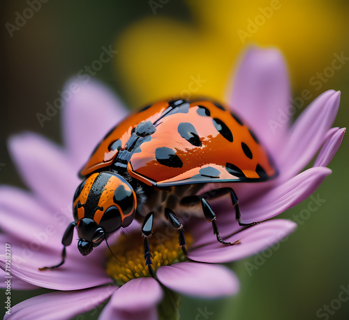 Big bug ladybug sitting on a yellow flower. Macro Photo of Ladybug on Green Leaf Background. Ladybug | A delicate reminder of nature's beauty and resilience | Generated AI