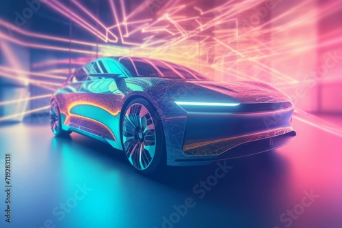 Futuristic electric car holographic. Automotive innovation artificial intelligence simulation. Generate ai