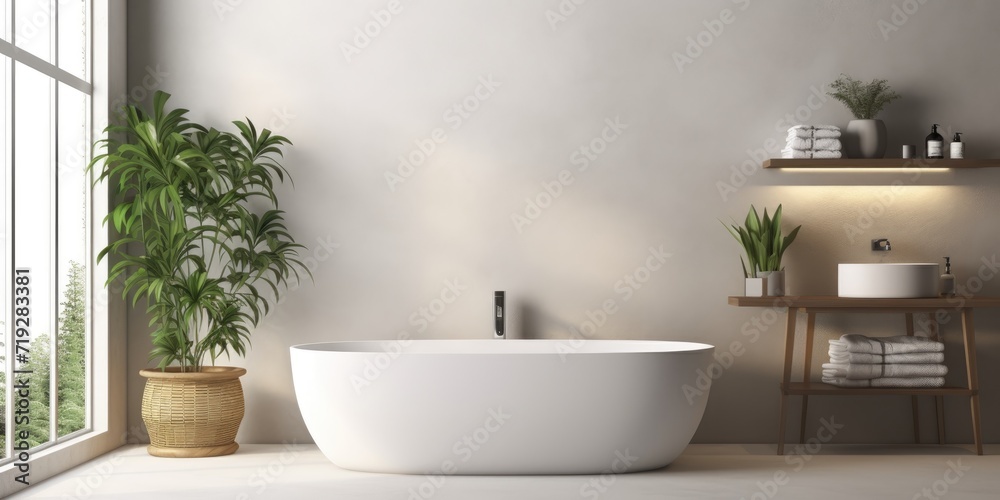 Fototapeta premium a contemporary bathroom featuring a large bathtub.