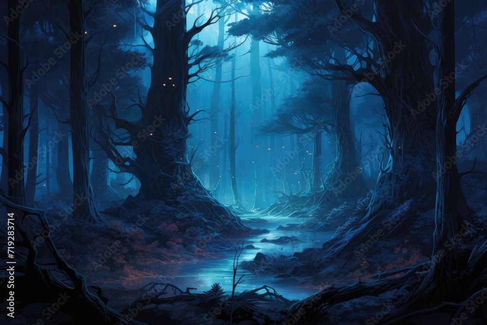 Enchanted Secrets The Forbidden Forest with a river flowing in it, fantasy design illustration