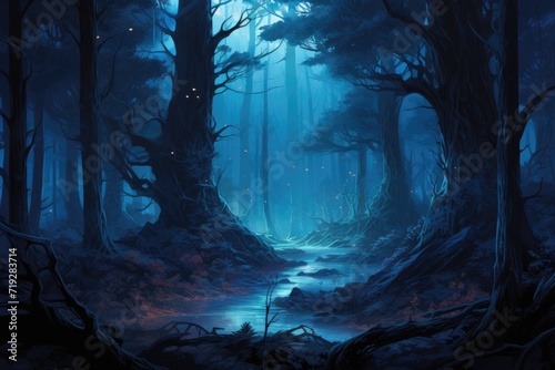 Enchanted Secrets The Forbidden Forest with a river flowing in it, fantasy design illustration
