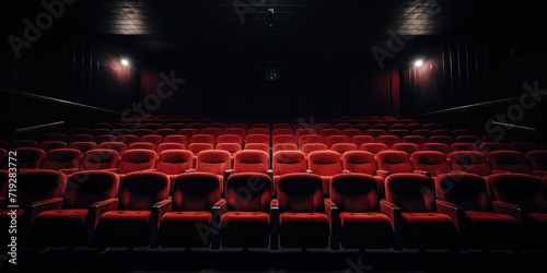 Red Cinema Chairs in a Dark Theatre with Spotlight Illumination. Concept of entertainment. Front View. Generative AI © sweet_mellow